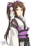  brown_eyes brown_hair hat himekaidou_hatate japanese_clothes kourindou_tengu_costume long_hair looking_at_viewer pointy_ears ponytail rokuwata_tomoe simple_background solo standing tokin_hat touhou white_background 