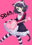  :d animal_ears bad_id bad_pixiv_id bell black_hair blush bow cat_ears cat_tail curly_hair cyan_(show_by_rock!!) dress frilled_dress frills guitar hair_ornament happy heart_guitar hukasikasi instrument jingle_bell looking_at_viewer open_mouth pink_background pink_bow show_by_rock!! simple_background smile solo standing strawberry_heart striped striped_legwear tail thighhighs thighs 