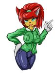  2015 anthro big_breasts blue_eyes breasts canine clothed clothing fox gloves hair hand_on_butt long_hair looking_at_viewer mammal open_mouth pants plain_background ponytail red_hair shirt slit_pupils solo tailzkim teeth tongue white_background 
