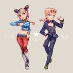  1girl black_hair blonde_hair blue_eyes cosplay double_bun giorno_giovanna guido_mista guido_mista_(cosplay) highres jojo_no_kimyou_na_bouken kuujou_jolyne midriff misuru multicolored_hair two-tone_hair 