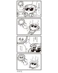  4koma :3 bad_id beach bkub cloud comic flower flying_sweatdrops greyscale hair_flower hair_ornament head_rest heat_haze highres lens_flare lying monochrome o_o on_back one-piece_swimsuit poptepipic popuko sand shore sky sun sunbathing sunglasses swimsuit translated two_side_up wavy_mouth 