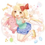  :d blonde_hair bow bracelet brown_eyes candy clothes_writing food futaba_anzu hair_bow idolmaster idolmaster_cinderella_girls jewelry lollipop long_hair mary_janes nakahara_(fukufuku) open_mouth shoes smile solo stuffed_animal stuffed_bunny stuffed_toy twintails 