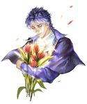  aruolrn blue_hair bouquet cape closed_eyes flower jojo_no_kimyou_na_bouken jonathan_joestar lily_(flower) male_focus phantom_blood simple_background solo tulip white_background 