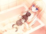  asami_asami bath between_breasts blonde_hair blue_eyes blush breasts cat collarbone fake_azure_arcology game_cg highres holding large_breasts line_t_miller long_hair nipples nude skindentation smile soap_bubbles solo water 