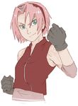  breasts clenched_hands forehead_protector gloves green_eyes hairband haruno_sakura konohagakure_symbol naruto naruto_(series) pink_hair short_hair small_breasts solo upper_body whistle_frog 