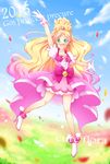  2015 :d arakawa_tarou blonde_hair blush boots bow character_name choker cloud copyright_name cure_flora day dress earrings english eyelashes gloves go!_princess_precure green_eyes half_updo happy haruno_haruka heart high_heel_boots high_heels highlights highres jewelry long_hair looking_at_viewer magical_girl multicolored_hair open_mouth pink_bow pink_dress pink_hair precure puffy_sleeves ribbon sky smile solo tiara very_long_hair white_gloves 