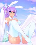  2015 avian big_breasts blue_eyes bow breasts clothed clothing cloud ear_piercing feathers female hair harpy legwear lips long_hair looking_away piercing pointy_ears purple_hair sitting sky solo spittfire stockings thick_thighs white_feathers wings 
