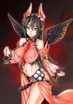  bare_shoulders between_breasts black_hair black_wings breasts bunny_black demon_girl detached_sleeves ekate_(bunny_black) feathered_wings flower hair_flower hair_ornament highres horns large_breasts long_hair midriff necktie necktie_between_breasts pointy_ears red_eyes side_slit smile solo thighs urabe_katsuto wings 