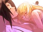  1girl black_hair blazblue blazblue:_chronophantasma blonde_hair closed_eyes couple eyebrows forked_eyebrows girl_on_top height_difference hetero hyakuhachi_(over3) kagura_mutsuki long_hair noel_vermillion short_hair sleeping sleeping_on_person 