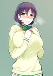  blush bow bowtie breasts green_background green_eyes hand_on_own_chest headband large_breasts love_live! love_live!_school_idol_festival mole mole_under_eye purple_hair sakamaki_chizuko sasamori_tomoe solo sweatdrop sweater 