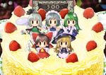  ascot blonde_hair bow braid brown_hair cake chibi english food frog_hair_ornament fruit gohei green_hair hair_ornament hair_ribbon hair_tubes hakurei_reimu hat hat_bow izayoi_sakuya katana kirisame_marisa kochiya_sanae konpaku_youmu konpaku_youmu_(ghost) long_sleeves maid maid_headdress minigirl multiple_girls ribbon shirt sign silver_hair skirt smile snake_hair_ornament strawberry sword touhou twin_braids umigarasu_(kitsune1963) weapon whipped_cream wide_sleeves witch_hat |_| 