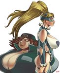  backwards_hat baseball_cap blonde_hair blue_leotard breasts brown_hair cleavage gigantic_breasts harmageddon_yoko hat height_difference johnrokk large_breasts leotard lips mask microphone multiple_girls rainbow_mika street_fighter street_fighter_zero_(series) thighhighs 