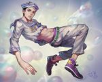  black_hair blue_eyes bubble dixie_cup_hat fan_ju hat higashikata_jousuke_(jojolion) highres jojo_no_kimyou_na_bouken jojolion male_focus midriff military_hat sailor shoes sneakers solo 