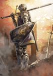  armor claymore_(sword) dark_souls full_armor gauntlets helmet highres knight koruse scabbard sheath shield solo souls_(from_software) sword weapon 