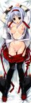  absurdres arms_up black_legwear blush bracelet breasts brown_eyes dakimakura full_body gloves hairband hakama_skirt highres huge_filesize jewelry kantai_collection lying medium_breasts navel nipples off_shoulder on_back open_clothes panties pink_panties pleated_skirt scan shintarou shoukaku_(kantai_collection) side-tie_panties silver_hair single_glove skirt skirt_pull smile solo string_panties thighhighs underwear untied untied_panties 