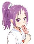  alternate_hairstyle azuma_yukihiko blush eating eyelashes food futari_wa_precure_splash_star ice_cream long_hair looking_at_viewer mishou_mai ponytail precure purple_eyes purple_hair shirt simple_background sketch solo white_background yuunagi_middle_school_uniform 