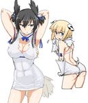  abs animal_ears arms_behind_head arms_up ass backless_outfit bird_tail black_hair blonde_hair blue_eyes blue_ribbon blush breasts butt_crack cleavage cleavage_cutout cosplay cropped_legs dog_ears dog_tail dominica_s_gentile dungeon_ni_deai_wo_motomeru_no_wa_machigatteiru_darou_ka embarrassed flying_sweatdrops gloves hair_ribbon head_wings hestia_(danmachi) hestia_(danmachi)_(cosplay) huge_breasts jane_t_godfrey kunashiri_(etorofu) long_hair multiple_girls open_mouth purple_eyes rei_no_himo ribbon short_hair sidelocks simple_background small_breasts tail white_background white_gloves world_witches_series 