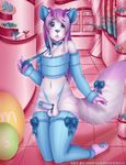  2015 anthro arm_warmers balls blue_eyes blue_nose bottomless candy chocolate clothed clothing dragon erection feline fur girly hair half-dressed hybrid leg_warmers legwear lollipop looking_at_viewer male mammal partially_clothed pawpads paws penis purple_hair ribbons shop sinfulwhispers15 solo uncut white_fur 