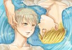  aldnoah.zero blonde_hair blue_eyes blush cruhteo kisato lying multiple_boys silver_hair slaine_troyard water 