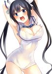  armpits arms_up ass_visible_through_thighs bad_id bad_pixiv_id black_hair blue_eyes blue_ribbon blush bow breast_squeeze breasts cleavage dress dungeon_ni_deai_wo_motomeru_no_wa_machigatteiru_darou_ka gloves hair_bow hestia_(danmachi) highres large_breasts long_hair looking_at_viewer open_mouth rei_no_himo ribbon shirako_sei short_dress sleeveless sleeveless_dress smile solo thighs twintails very_long_hair white_dress white_gloves 