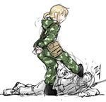  1girl anya_(dutchko) bad_id bad_pixiv_id blonde_hair boots bound camouflage dutchko kicking klmk_(camo) military military_uniform original ponytail pouch short_hair sketch soldier tied_up uniform 