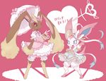  ambiguous_gender black_sclera blue_eyes bow brown_fur clothing cute dress duo eeveelution eyelashes fangs fur japanese_text lagomorph looking_at_viewer lopunny mammal nintendo open_mouth pink_fur pok&eacute;mon pyonko rabbit red_eyes ribbons smile standing sylveon tan_fur teeth text tongue umbrella video_games white_fur 