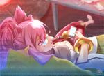  animal_ears bangle blazblue bracelet candy capri_pants cat_ears cellphone food glasses jewelry kokonoe lollipop long_hair looking_back navel pants phone pince-nez pink_hair ponytail red_pants sitting smartphone solo two_side_up yamato_(genesisace) yellow_eyes 