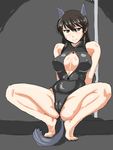  adolfine_galland animal_ears arms_behind_back black_swimsuit blush breasts brown_hair cameltoe cat_ears cat_tail cleavage covered_nipples front_zipper_swimsuit grey_eyes kunashiri_(etorofu) large_breasts long_hair meme_attire one-piece_swimsuit pole_dancing solo spread_legs squatting stripper_pole sweat swimsuit tail world_witches_series 