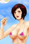  ball beachball bikini breasts cleavage covered_nipples dead_or_alive dead_or_alive_5 highres large_breasts micro_bikini mila_(doa) pink_bikini red_eyes red_hair short_hair solo strap_gap susi_(sousome) swimsuit underboob wet 