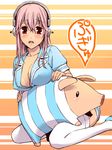  animal blush breasts headphones large_breasts long_hair looking_at_viewer lowres nitroplus open_mouth pig pink_hair potato_(oriha94) red_eyes solo super_sonico thighhighs 