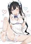  alexa_mahone arm_ribbon bare_shoulders barefoot black_hair blue_eyes blue_ribbon blush bow bow_panties breasts cleavage cleavage_cutout covered_nipples cum cum_on_body cum_on_breasts cum_on_clothes cum_on_fingers cum_on_hair cum_on_stomach cum_on_upper_body cumdrip dress dungeon_ni_deai_wo_motomeru_no_wa_machigatteiru_darou_ka facial feet hair_ornament hair_ribbon hestia_(danmachi) large_breasts long_hair looking_at_viewer one_eye_closed panties rei_no_himo ribbon short_dress simple_background smile soles solo toes twintails underwear white_dress white_panties 