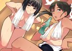  bikini black_hair blush bottle breasts brown_eyes em etou_toshiko fan kitagou_fumika large_breasts leaning_forward multiple_girls one-piece_swimsuit ponytail sweat swimsuit tan tanline towel towel_around_neck world_witches_series 