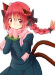  animal_ears bad_id bad_pixiv_id blush bow braid breath cat_ears cat_tail hair_bow kaenbyou_rin mittens red_eyes red_hair scarf solo tail topia touhou twin_braids white_background winter_clothes 