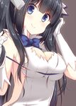  akane_souichi black_hair blue_eyes blue_ribbon blush bow breasts brown_background cleavage cleavage_cutout dress dungeon_ni_deai_wo_motomeru_no_wa_machigatteiru_darou_ka gloves hestia_(danmachi) large_breasts long_hair looking_at_viewer rei_no_himo ribbon skindentation solo twintails white_dress white_gloves 