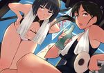  bikini black_hair breasts brown_eyes em etou_toshiko fan halter_top halterneck kitagou_fumika large_breasts leaning_forward multiple_girls one-piece_swimsuit ponytail swimsuit swimsuit_pull tan tanline world_witches_series 