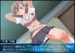  1girl absurdres blush breasts brown_eyes brown_hair hands_on_head heitai_gensui highres misaka_mikoto panties school_uniform skirt to_aru_kagaku_no_railgun to_aru_majutsu_no_index translated translation_request underwear 