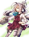  ahoge asashimo_(kantai_collection) boots bow bowtie clenched_hand grey_eyes grey_hair grey_legwear kantai_collection leg_up long_hair long_sleeves multicolored_hair pantyhose ponytail purple_skirt school_uniform skirt solo two-tone_hair very_long_hair x_na 