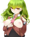  between_breasts breasts breasts_outside green_hair highres large_breasts leviathan_(umineko) long_hair looking_at_viewer necktie necktie_between_breasts nemu_(nebusokugimi) nipples pink_neckwear red_eyes solo stakes_of_purgatory umineko_no_naku_koro_ni 