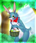  2015 4_fingers anthro basket black_nose blue_fur bow_tie buckteeth claws cute easter egg eyelashes five_nights_at_freddy&#039;s five_nights_at_freddy&#039;s_2 fur girly green_eyes happy holidays jayfiregrowlithe lagomorph long_ears looking_at_viewer male mammal nude open_mouth outside pink_tongue rabbit red_bow red_cheeks signature smile solo teeth tongue toy_bonnie_(fnaf) tree video_games watermark white_fur 
