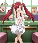  1girl 3boys bare_shoulders blush breasts cleavage erza_scarlet fairy_tail gloves highres multiple_boys open_mouth red_hair screencap stitched twintails 