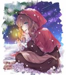  blue_eyes brown_hair fire flame hood little_match_girl matchstick night purimo_(xxxmofmof) shooting_star sky snow star_(sky) starry_sky tears 