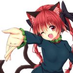  animal_ears bad_id bad_pixiv_id bow braid cat_ears cat_tail fang hair_bow kaenbyou_rin one_eye_closed open_mouth outstretched_hand red_eyes red_hair solo tail topia touhou twin_braids white_background 