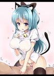  1girl animal_ears bell black_legwear blue_eyes blue_hair bow breasts cat_ears cat_tail covered_nipples cowgirl_position fake_animal_ears girl_on_top hair_bow heart highres large_breasts long_hair no_bra no_pants ocha_(ochappie) open_mouth original panties ponytail see-through shirt straddling striped striped_legwear striped_panties tail thighhighs underwear very_long_hair 