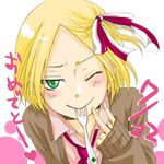  axis_powers_hetalia blonde_hair blush cardigan fork fork_in_mouth green_eyes hair_ribbon male_focus mugonseisou necktie one_eye_closed otoko_no_ko poland_(hetalia) ribbon school_uniform smile solo v 