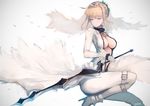  aestus_estus ahoge blonde_hair bodysuit breasts center_opening fate/extra fate/extra_ccc fate_(series) green_eyes lock medium_breasts nero_claudius_(bride)_(fate) nero_claudius_(fate)_(all) padlock rean_(r_ean) solo sword weapon white_bodysuit 