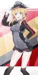  blonde_hair covered_navel gloves hand_on_hip hat hat_tip kantai_collection long_hair open_mouth peaked_cap prinz_eugen_(kantai_collection) sino_(sionori) smile solo twintails uniform 