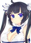  absurdres arm_ribbon bad_id bad_pixiv_id black_hair blue_eyes blue_ribbon blush bow breasts chromatic_aberration cleavage cleavage_cutout colored_eyelashes dress dungeon_ni_deai_wo_motomeru_no_wa_machigatteiru_darou_ka gradient_eyes hair_ornament hair_ribbon hestia_(danmachi) highres large_breasts long_hair looking_at_viewer multicolored multicolored_eyes osiimi pouty_lips purple_eyes rei_no_himo ribbon short_dress simple_background smile solo twintails upper_body white_background white_dress 
