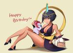  animal ankh black_dress black_hair blue_eyes bob_cut breasts cleavage crossed_legs dark_skin disembodied_head dress eliza_(skullgirls) hagoromo halterneck happy_birthday koala large_breasts lying ms._fortune_(skullgirls) multiple_girls ng_(kimjae737) shawl short_hair skullgirls tiara 