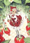  1girl blurry checkered checkered_floor depth_of_field flower food food_themed_hair_ornament fruit green_eyes hair_ornament looking_at_viewer minigirl open_mouth original pantyhose solo strawberry strawberry_hair_ornament white_legwear 