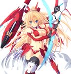  bikini blonde_hair blue_eyes breast_hold breasts choker cleavage covered_nipples fingerless_gloves frilled_choker frills gloves highres large_breasts long_hair mecha_musume red_bikini revealing_clothes rigel_(z/x) solo swimsuit sword takkayuuki thighhighs very_long_hair weapon z/x 